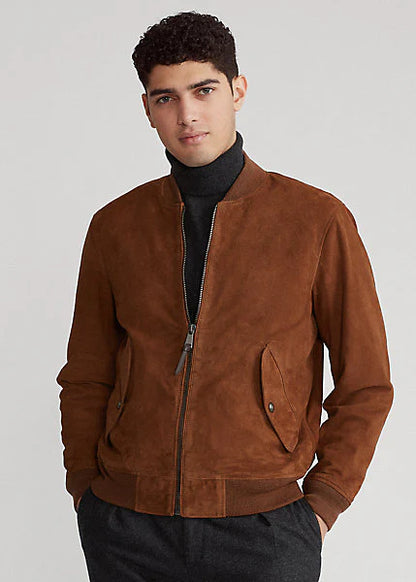 Men's Tan Brown Suede Leather Bomber Jacket - Stylish and Comfortable