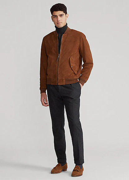 Men's Tan Brown Suede Leather Bomber Jacket - Stylish and Comfortable