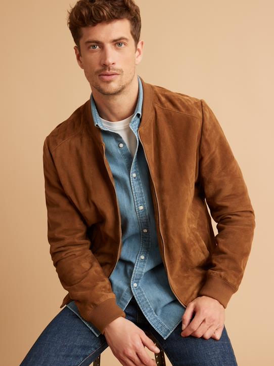 Men’s Tan Brown Suede Leather Bomber Jacket - Classic Style and Comfort