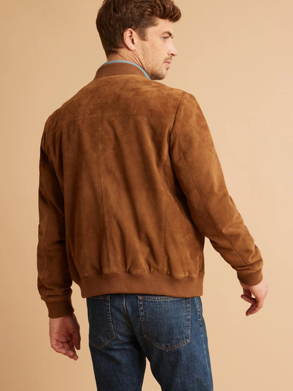 Men’s Tan Brown Suede Leather Bomber Jacket - Classic Style and Comfort