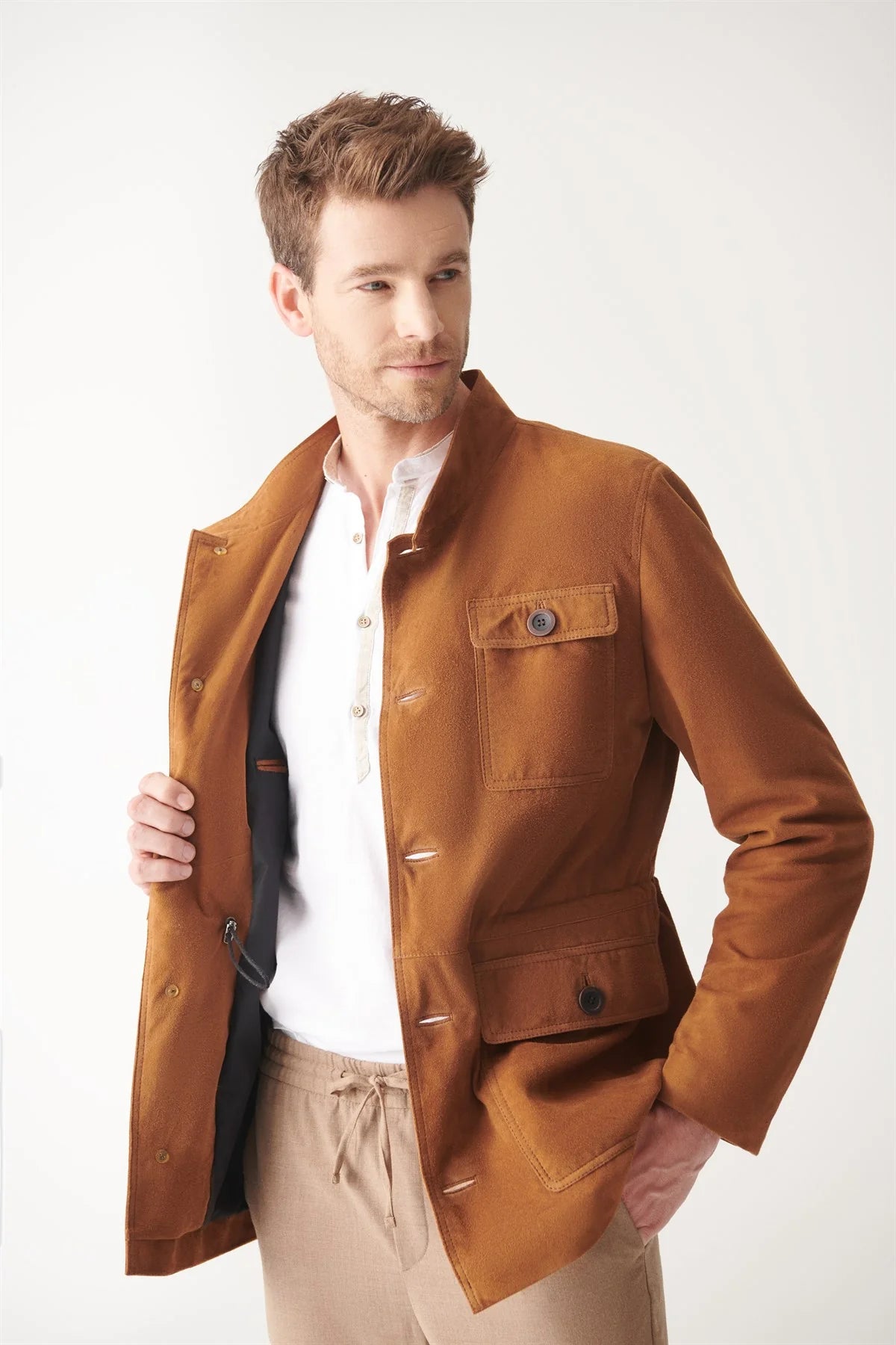 Stylish Men’s Tan Brown Suede Leather Trucker Coat