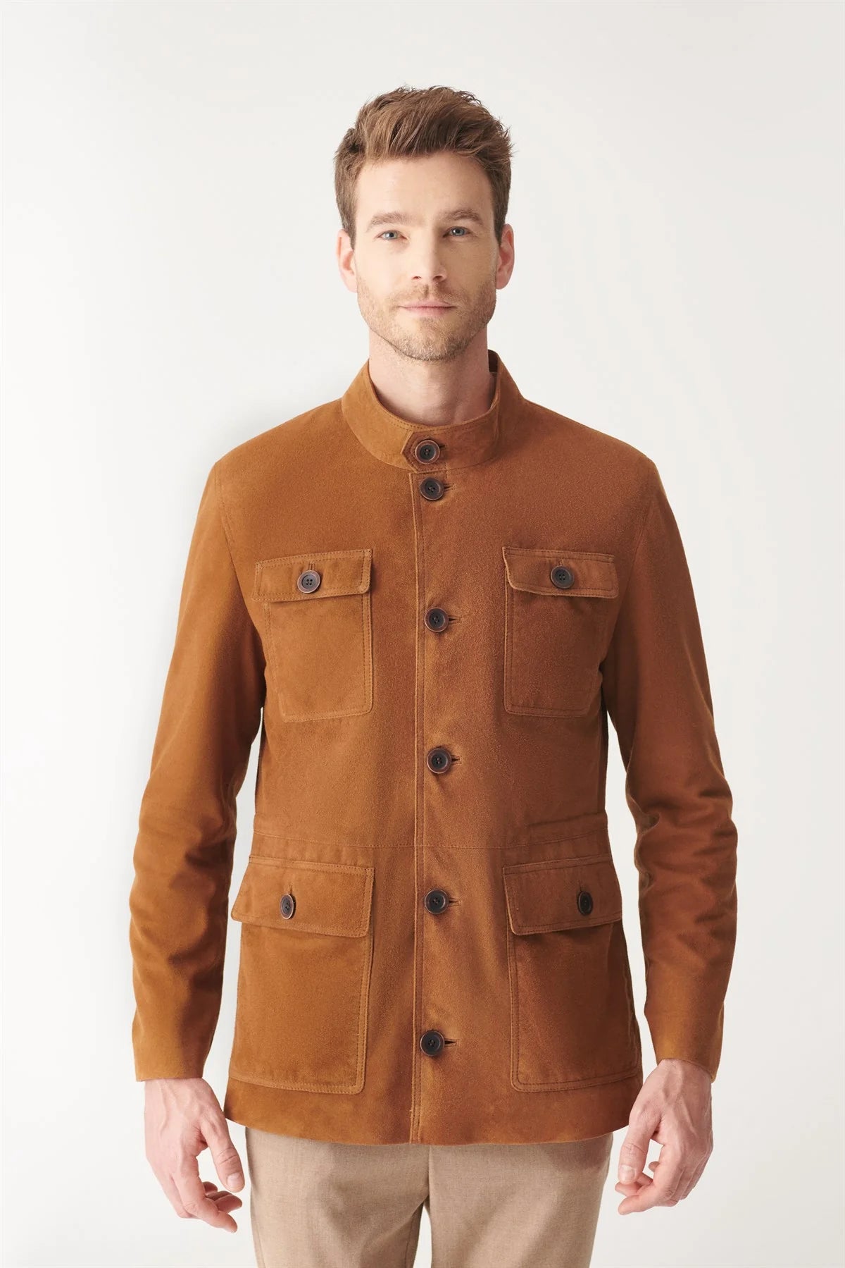 Stylish Men’s Tan Brown Suede Leather Trucker Coat