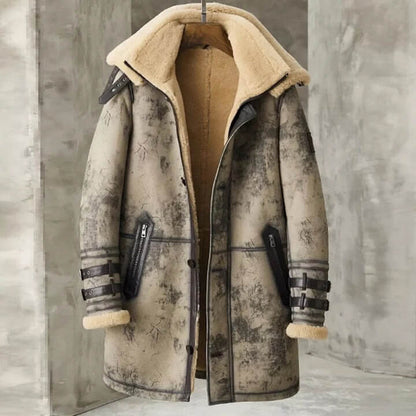  Men's Waxed B3 RAF Flying Double Collar Sheepskin Shearling Leather Long Jacket Coat