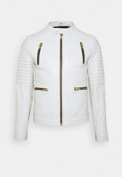  Stylish Men's White Leather Biker Jacket