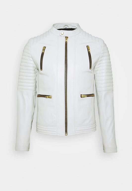  Stylish Men's White Leather Biker Jacket