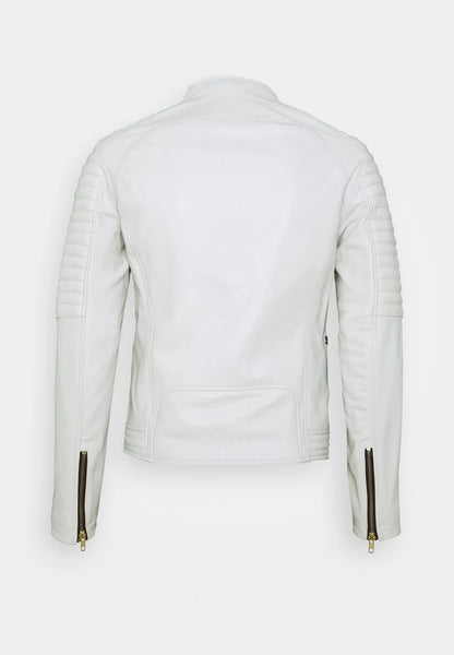  Stylish Men's White Leather Biker Jacket