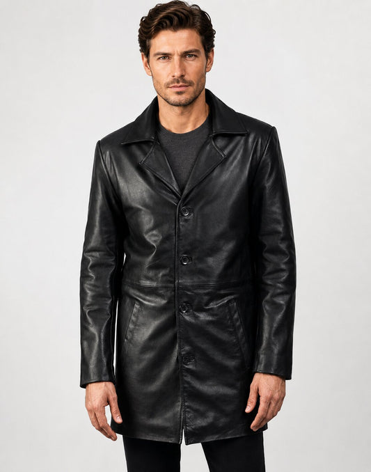 Men's Black Leather Trench Coat
