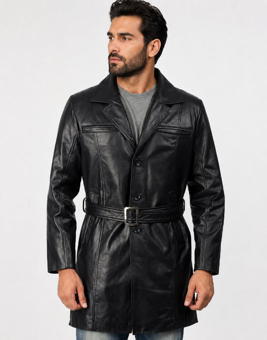 Men’s Black Leather Trench Coat Belt