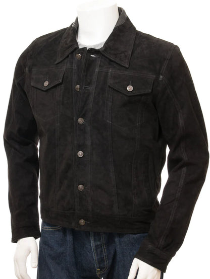 Men’s Black Suede Leather Trucker Jacket - Rugged Style and Versatility