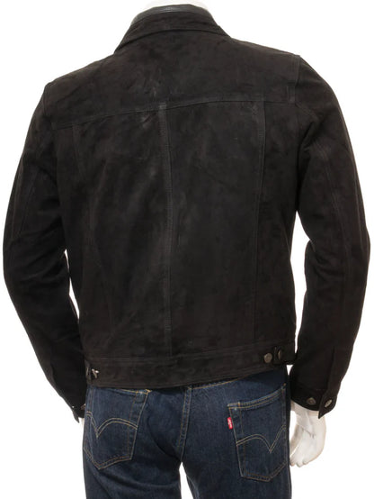 Men’s Black Suede Leather Trucker Jacket - Rugged Style and Versatility