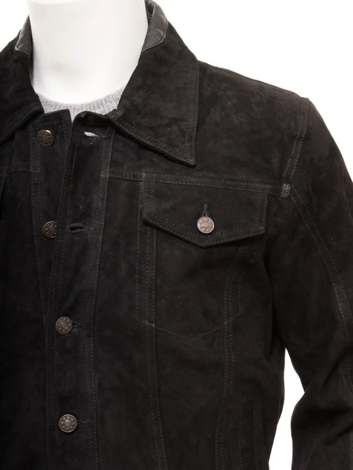 Men’s Black Suede Leather Trucker Jacket - Rugged Style and Versatility