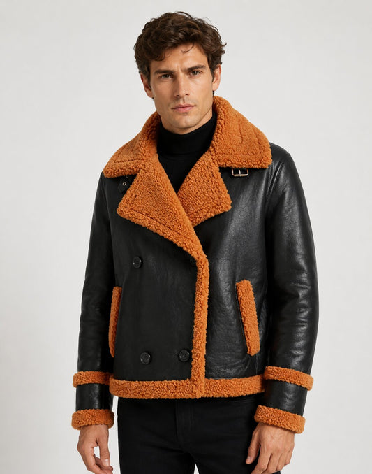 Men's Brown Shearling Black Sheepskin Leather Jacket