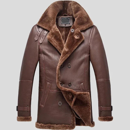 Men's Brown Shearling Sheepskin Double-Breasted Coat