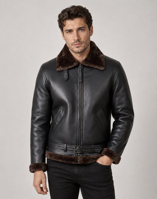 Men’s Classic Black Shearling Bomber Leather Jacket