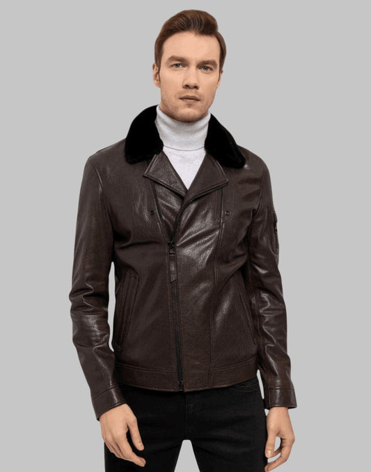 Men’s Dark Brown Leather Jacket with Black Fur Collar