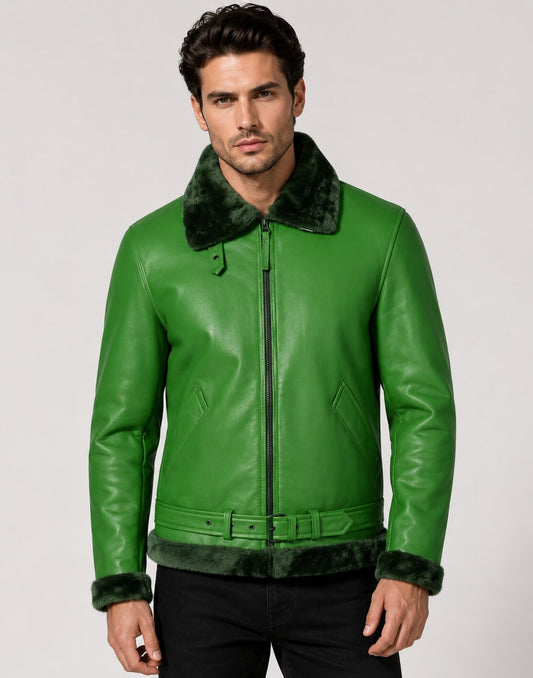 Men’s Green Leather Shearling Jacket
