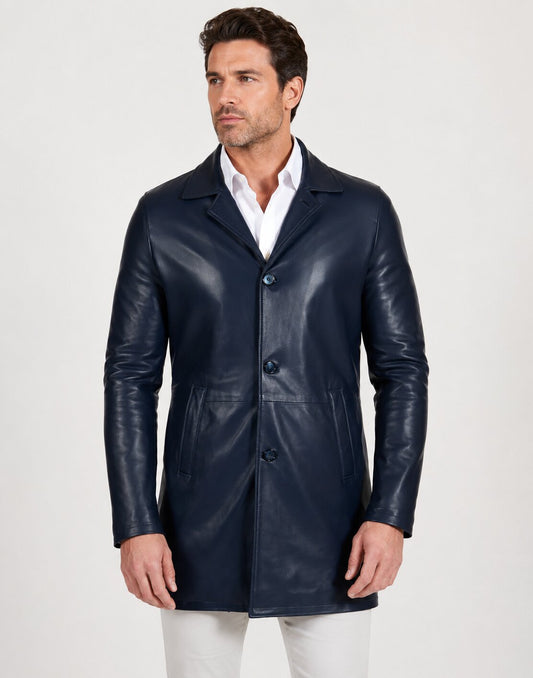 Men’s Navy Blue Mid-Length Leather Coat