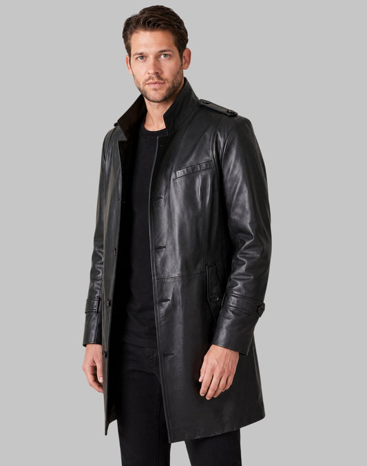 Men’s Stylish Black Leather Long Coat