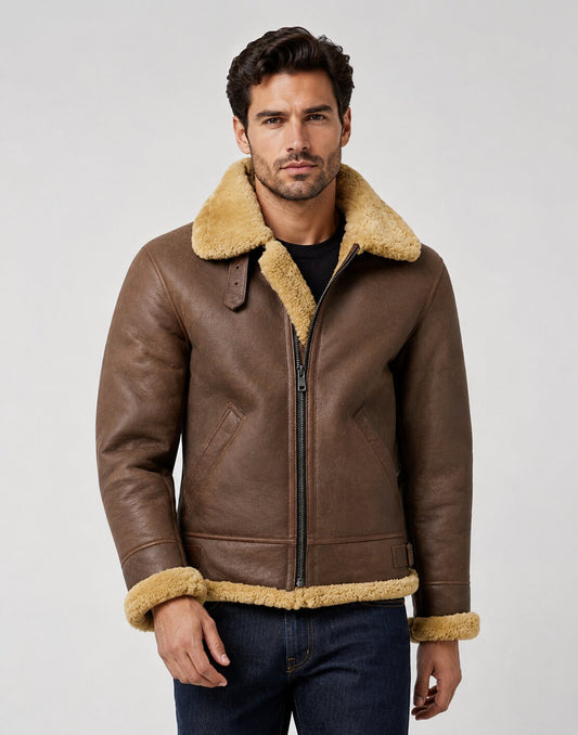 Men’s Stylish Shearling Brown Leather Fur Jacket