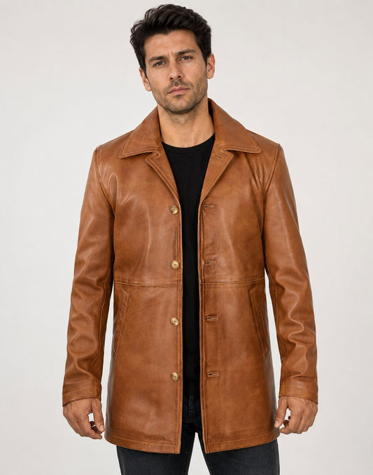 Men’s Tan Leather Overcoat