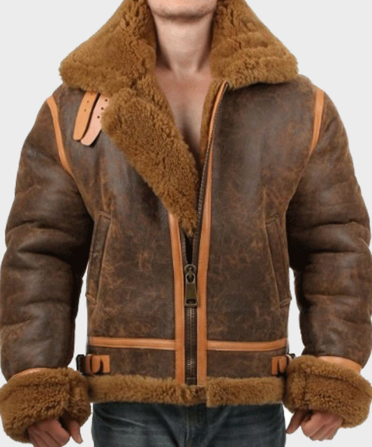  Vintage Mens Aviator Distressed Leather Shearling Jacket