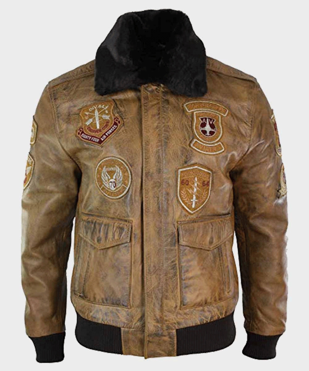 Stylish Mens Aviator Tan Bomber Leather Jacket with Shearling Collar