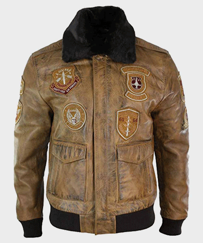 Stylish Mens Aviator Tan Bomber Leather Jacket with Shearling Collar