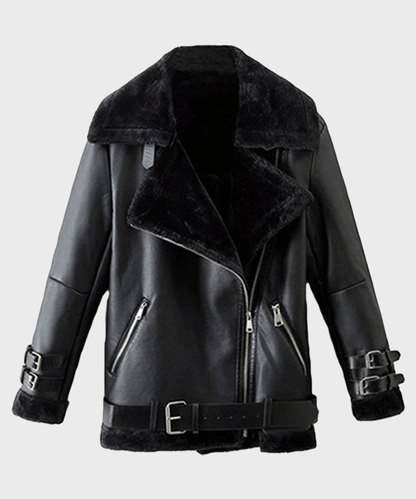 Stylish Mens Black Shearling Winter Leather Jacket with Quilted Lining