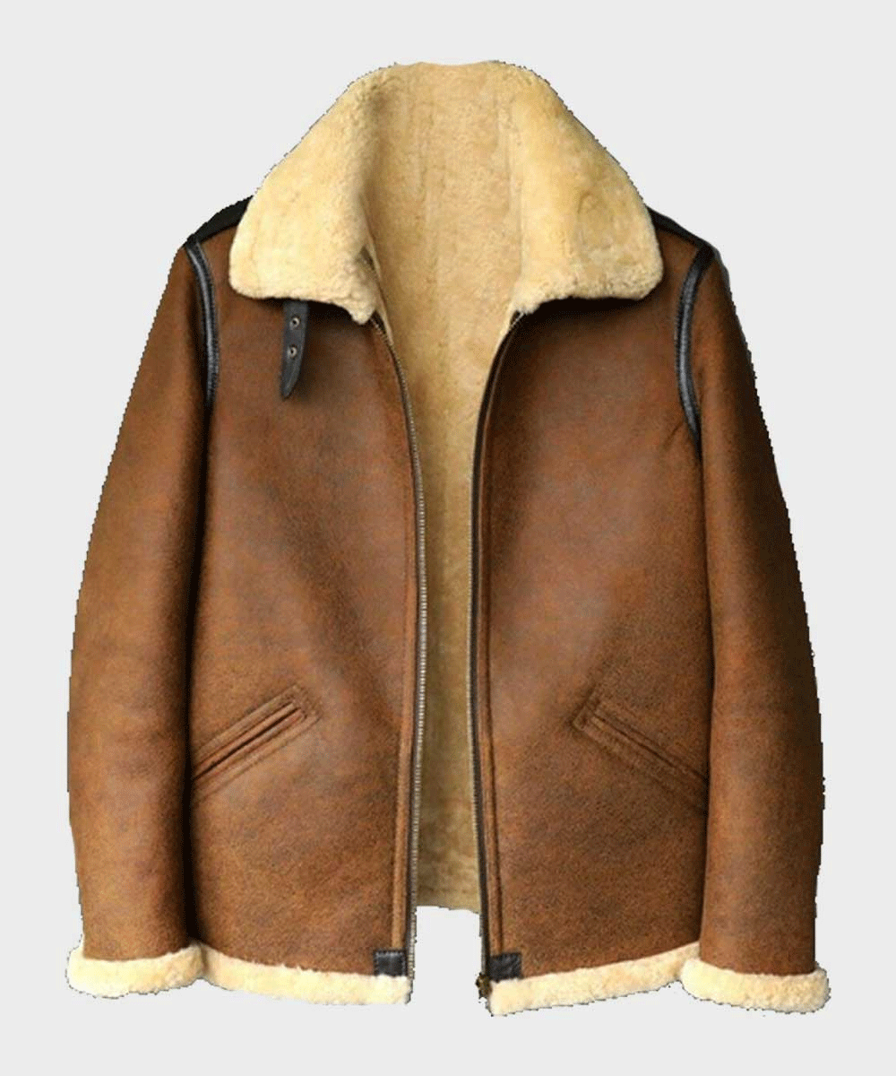 Classic Mens Brown B3 Shearling Aviator Leather Jacket with Authentic Sheepskin