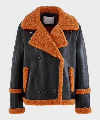  Men's Brown Shearling Black Sheepskin Leather Jacket