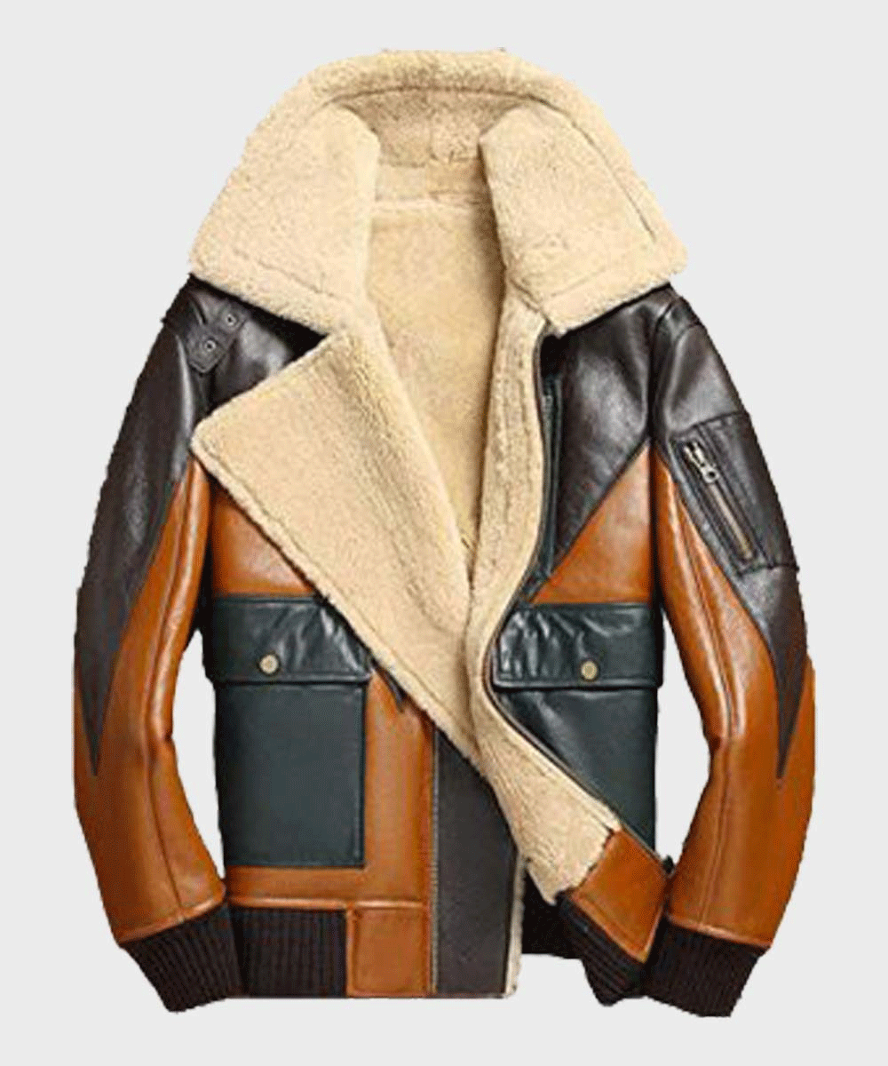 Stylish Mens Shearling Sheepskin Bomber Leather Jacket in Classic Brown