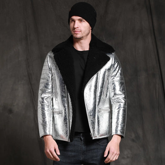 "Men's Aircraft Pilot Shinny Sheepskin Shearling Silver Leather Jacket - TopGuruJackets"