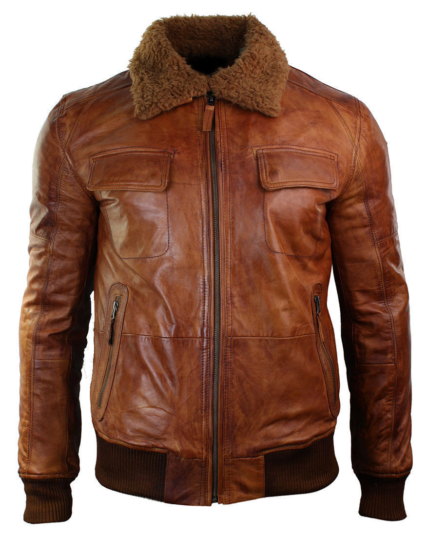 Men's B3 Bomber Rust Tan Brown Leather Jacket with Fur Collar