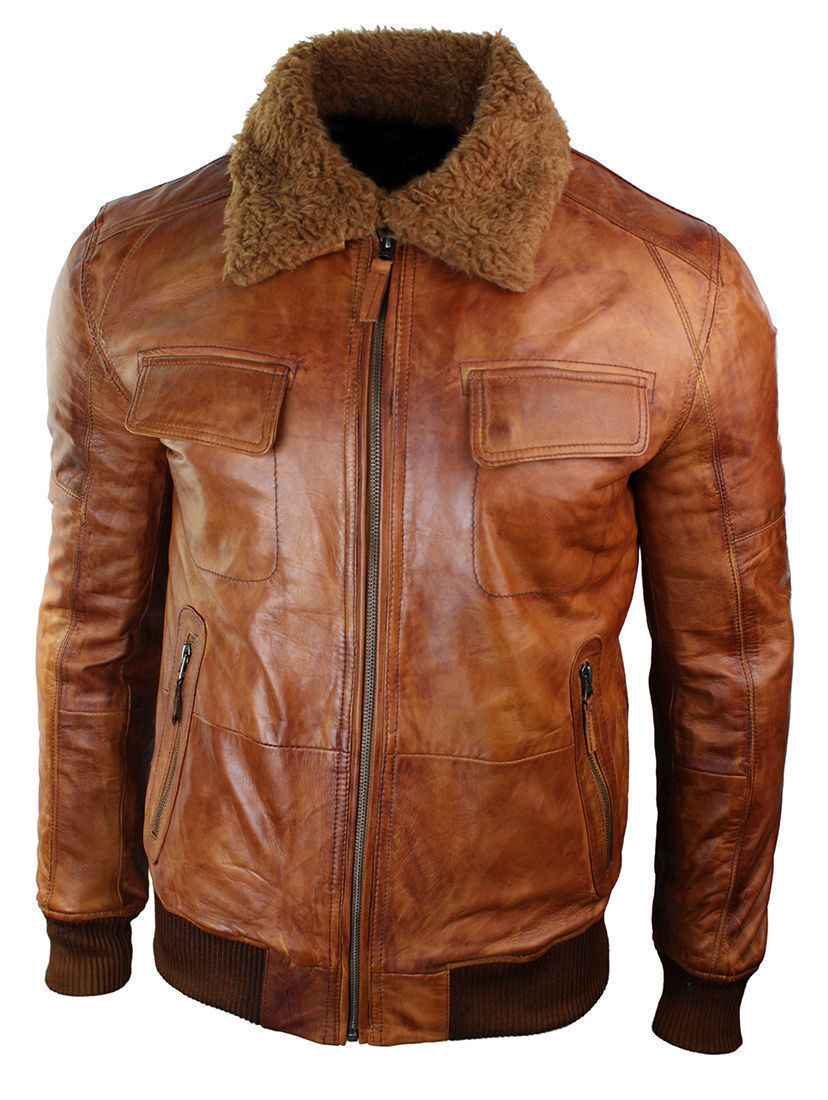 Men's B3 Bomber Rust Tan Brown Leather Jacket with Fur Collar