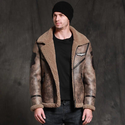 Men's Brown RAF Aviator B3 Waxed Sheepskin Leather Jacket - TopGuruJackets