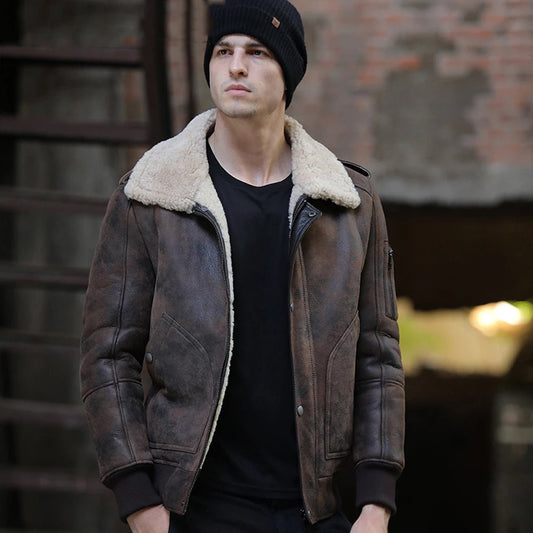 Men's Brown RAF Aviator Flight Shearling Sheepskin Leather Jacket - TopGuruJackets