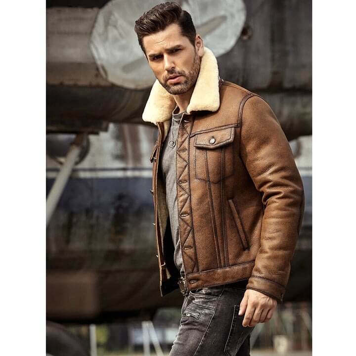  Men's Brown RAF B3 Sheepskin Trucker Shearling Leather Jacket