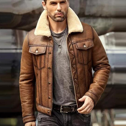  Men's Brown RAF B3 Sheepskin Trucker Shearling Leather Jacket