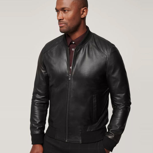 Classic Black Lambskin Leather Bomber Jacket