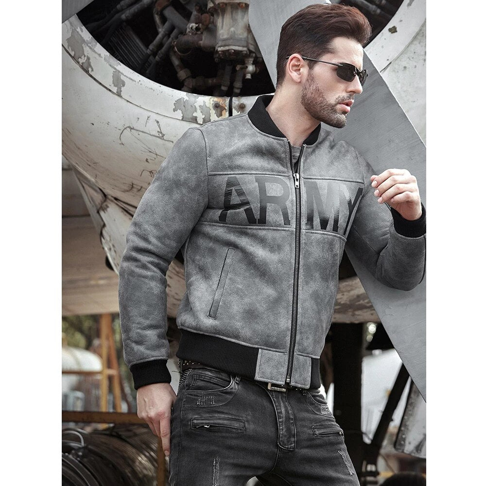 Men's Grey Sheepskin Army Shearling Bomber Jacket