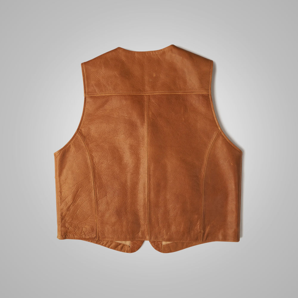 Vintage Brown Sheepskin Leather Cowboy Vest for Men - Western Charm