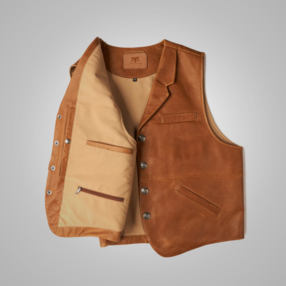 Vintage Brown Sheepskin Leather Cowboy Vest for Men - Western Charm