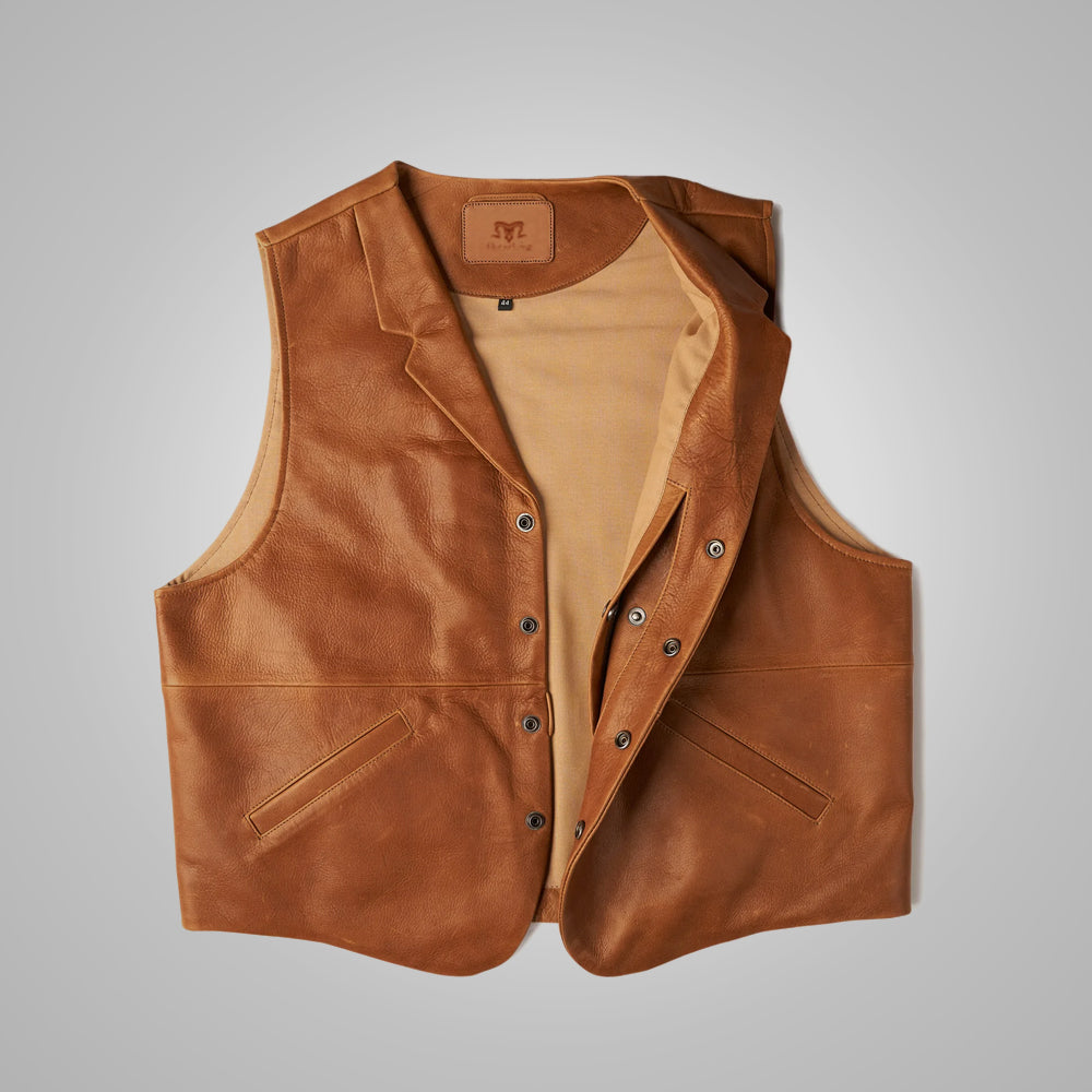 Vintage Brown Sheepskin Leather Cowboy Vest for Men - Western Charm