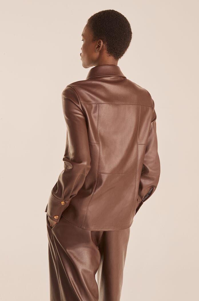 Women's Stylish Chocolate Brown Leather Shirt with Gold Buttons