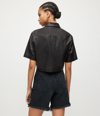 Women's Stylish Black Cropped Leather Shirt