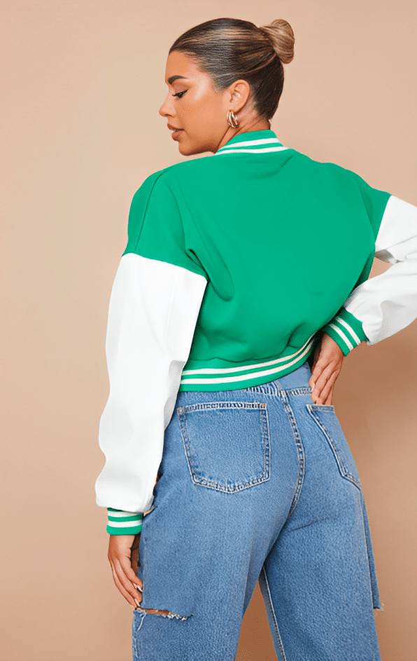  Trendy Women's Green Cropped Varsity Bomber Leather Jacket