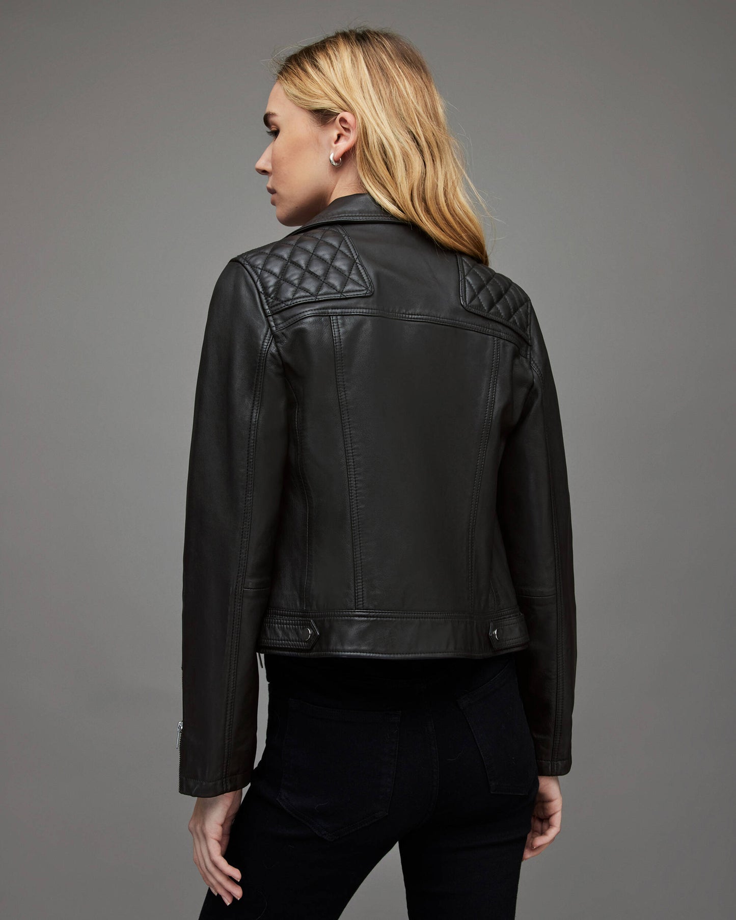 Sophisticated Women's Black Leather Biker Jacket with Quilted Shoulders