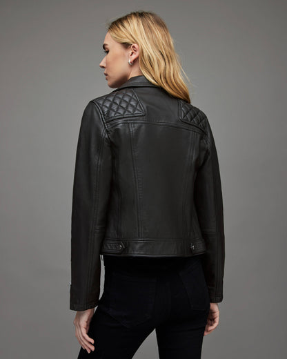 Sophisticated Women's Black Leather Biker Jacket with Quilted Shoulders