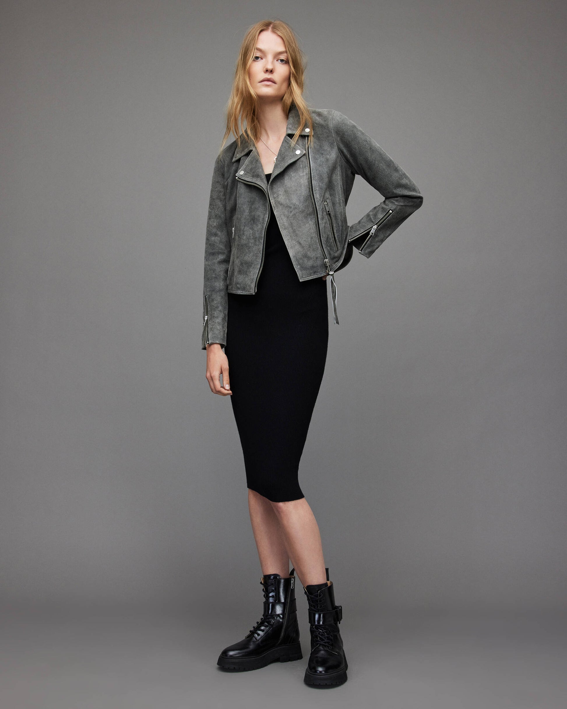 Elegant Women's Gray Suede Leather Biker Jacket