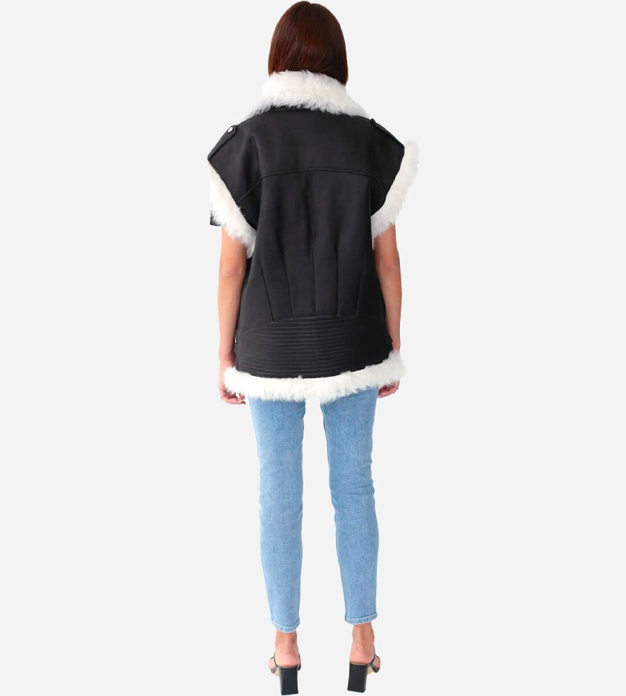 Women's Shearling Leather Biker Vest In Black